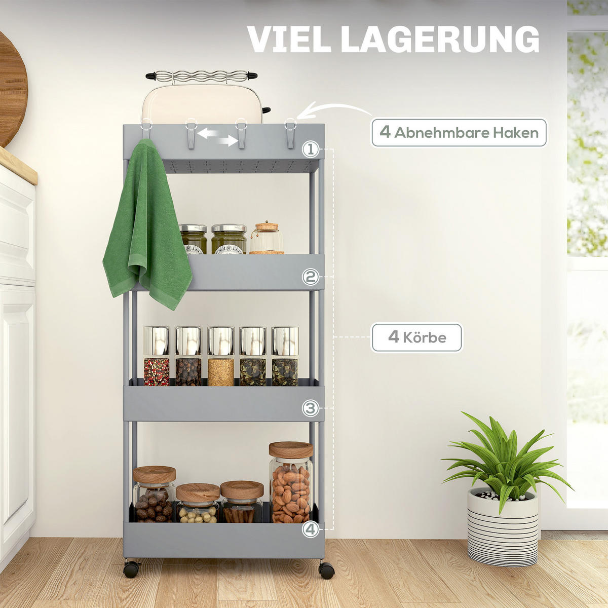 ROLLWAGEN mit 4 Ebenen, Kunststoff, Grau, 40 x 19 x 90 cm - Grau, Metall (40/90/19cm) - HOMCOM