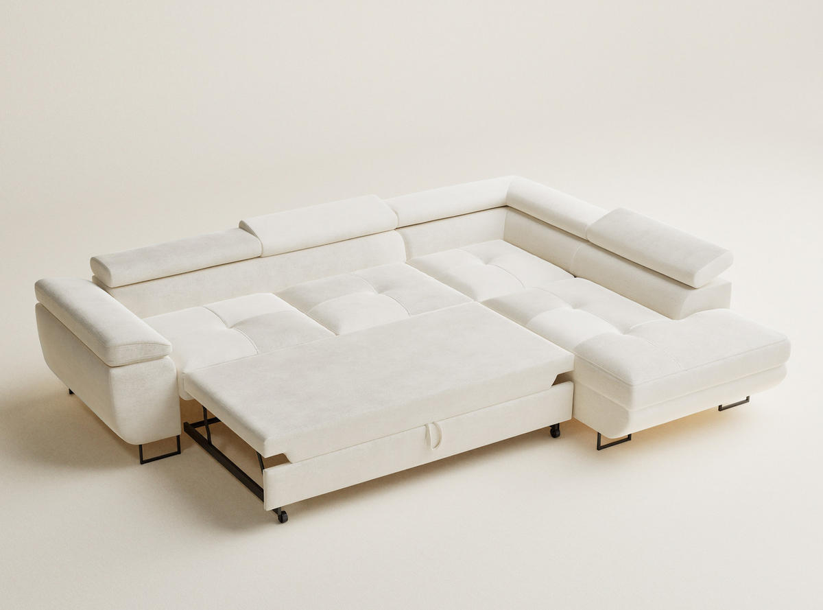 ECKSOFA Concord Creme Chenille-Stoff - Rechts Seite - Creme/Schwarz, Holz/Holzwerkstoff (277/203cm) - Maison de Reve