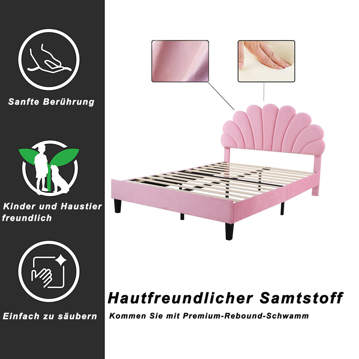 POLSTERBETT 140/200 cm Pink mit Blumen-Kopfteil aus Samt inkl Lattenrost - Rosa, Textil (140/200cm) - OKWISH
