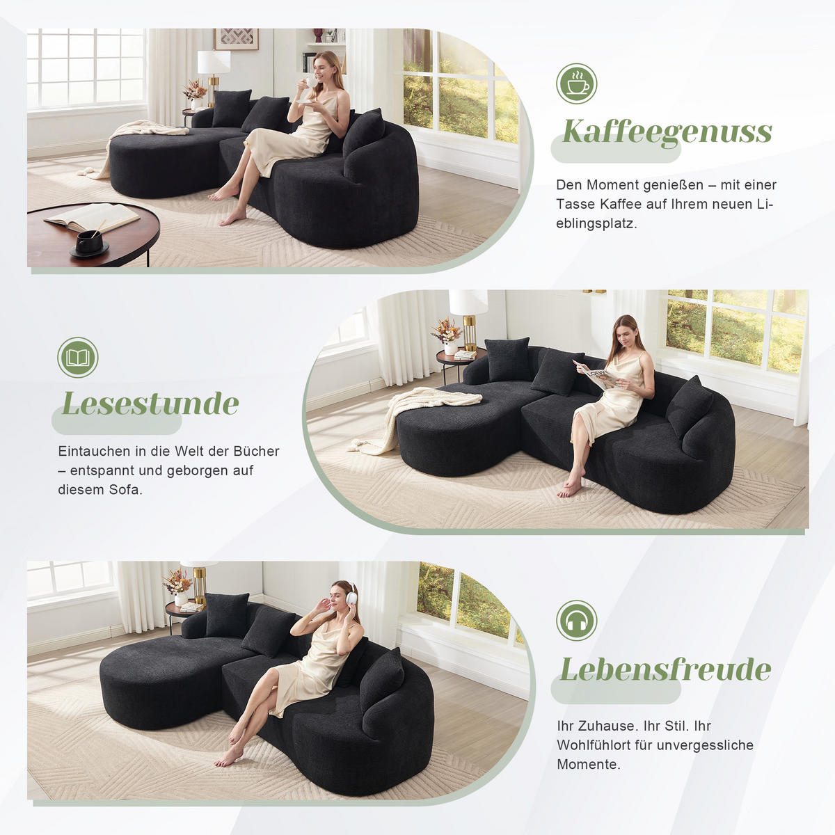 3-SITZER SOFA Chenille Schwarz mit Vakuumverpackung - Schwarz, Textil (243/150cm) - WISHDOR