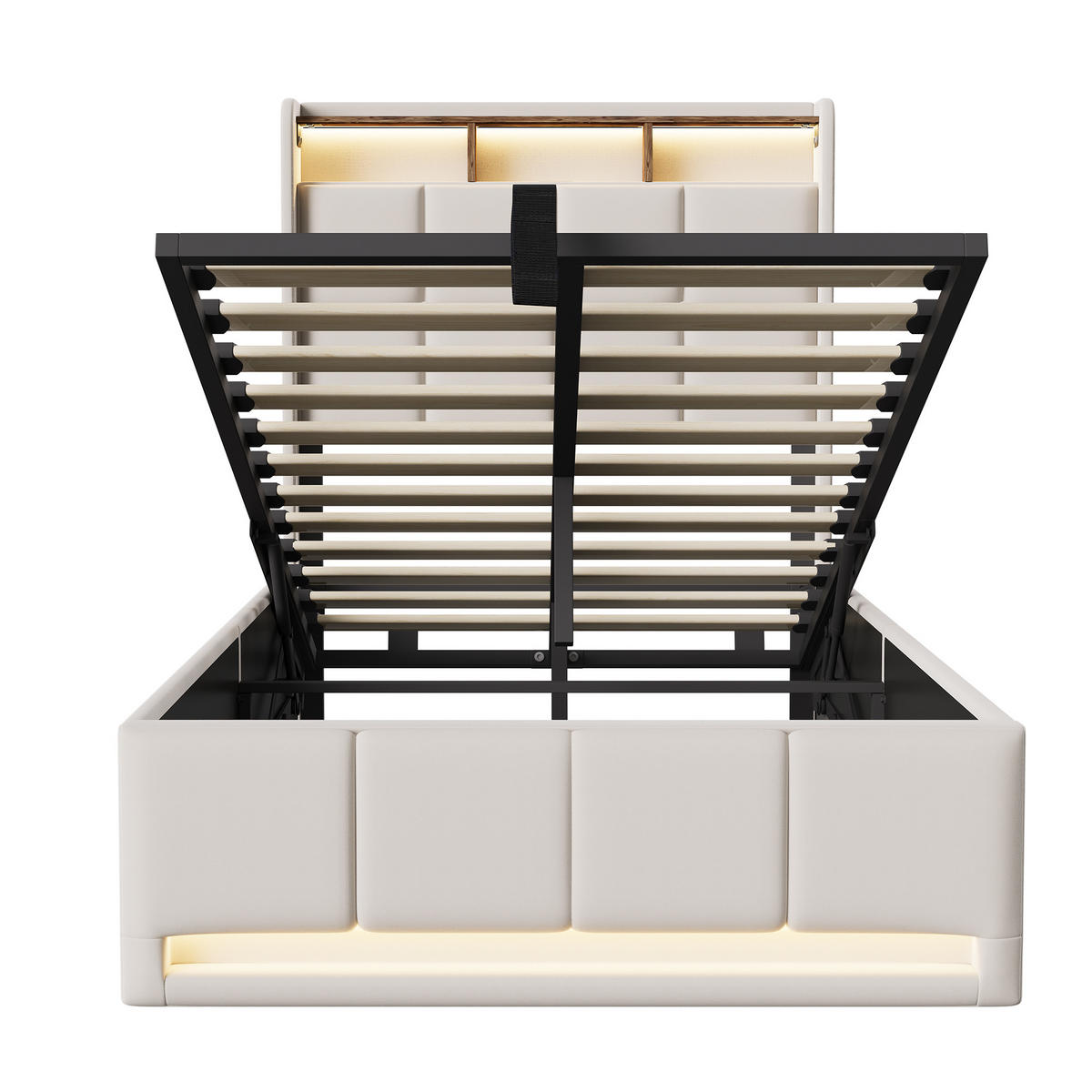 POLSTERBETT 90x200 cm Beige mit LED Beleuchtung, Kopfteil mit Stauraum und USB/Type-C, hydraulisches Stauraumbett - Beige, Metall (90/200cm) - EuroLiving