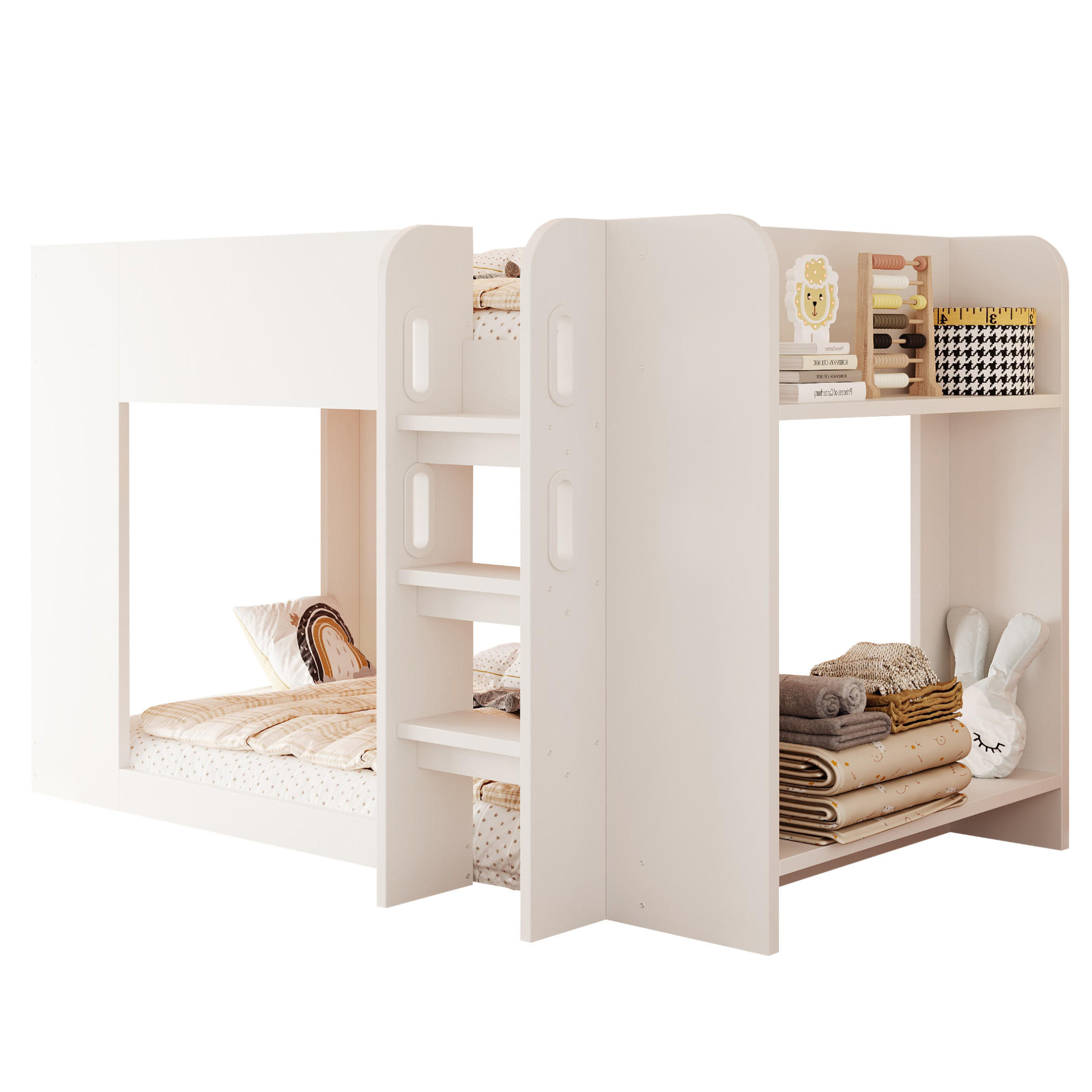 ETAGENBETT aus Sperrholz und MDF 90x200 cm Weiß mit Sicherheitsgitter, Leiter und Ablagefächern - Weiß, Holzwerkstoff (90/200cm) - Modfu