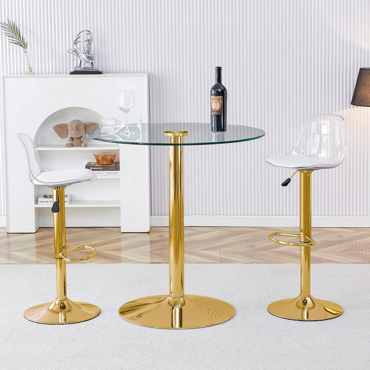 TISCHGRUPPE 3-tlg 2 Hockern Gold 89 cm - Transparent/Goldfarben, Glas/Metall (93/6/93cm) - Raelunyi