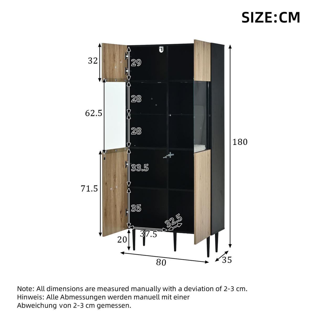 VITRINE LED Hochschrank Glas 10 Fächer Holz Schwarz 180cm - Multicolor, Holzwerkstoff (80/180/35cm) - FLIEKS