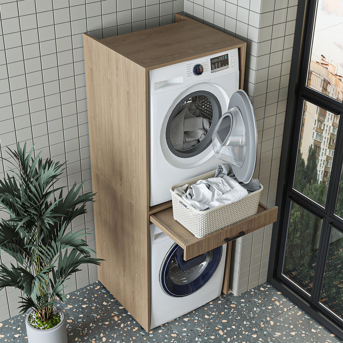 WASCHMASCHINENSCHRANK DUO-I 67cm Breit, 184cm Hoch - Eiche Artisan, Holzwerkstoff (67/184/67cm)