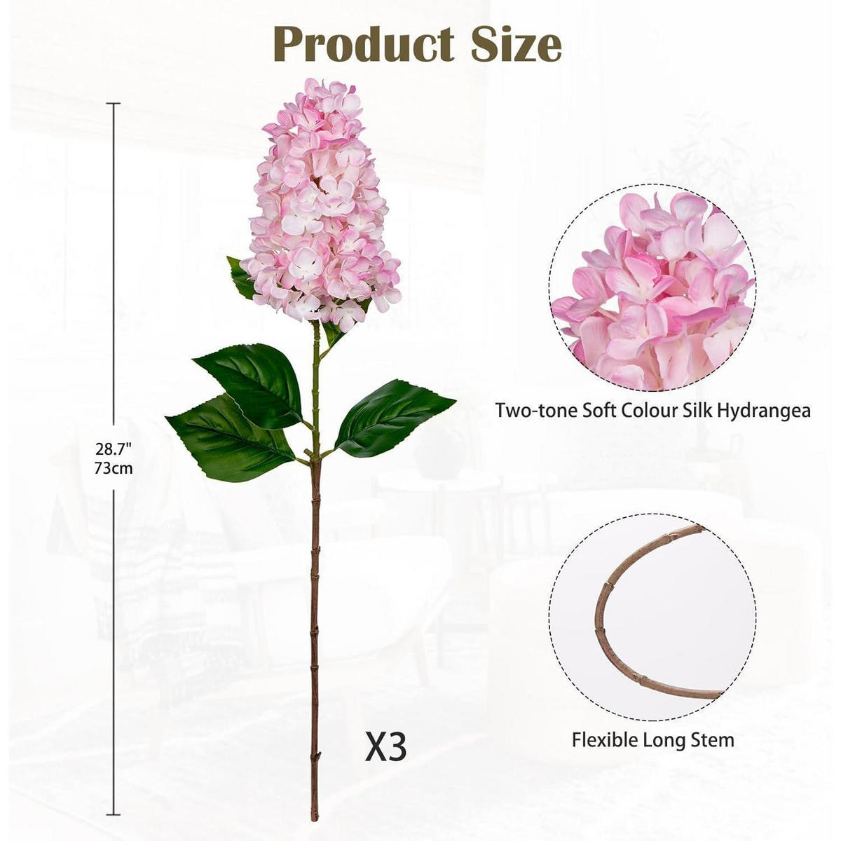 KUNSTBLUMEN 3er Set Hortensie 73CM Rosa - Rosa, Kunststoff (73cm)