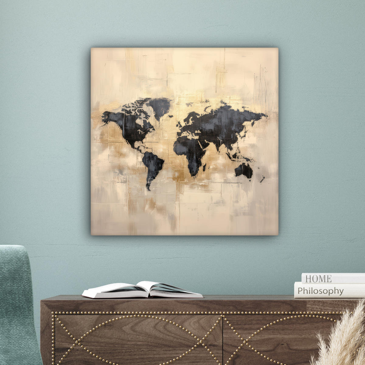 LEINWANDBILD Weltkarte - Gold - Schwarz - Abstrakt Wandbild Wohnzimmer 50x50 cm - Kupferfarben, Textil (50/50cm) - MuchoWow