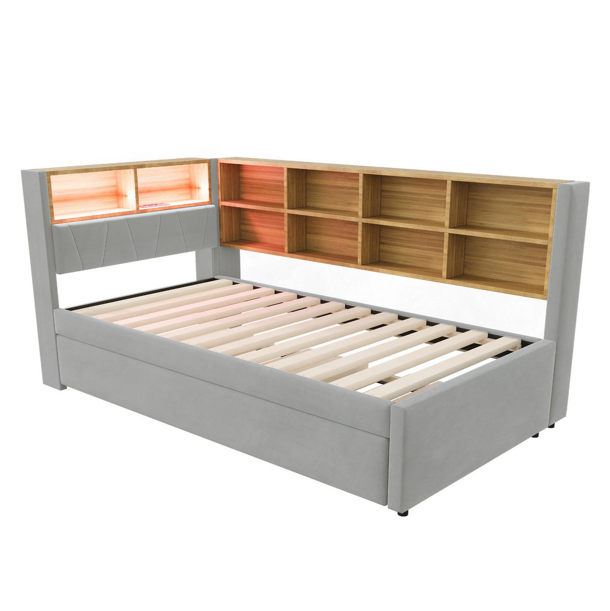 BETT 90/200 cm mit Ausziehbett 90/190 cm, LED, USB- und Type-C-Anschluss, Stauraum, Flanell, Hellgrau - Hellgrau, Textil (90/200cm) - Redom