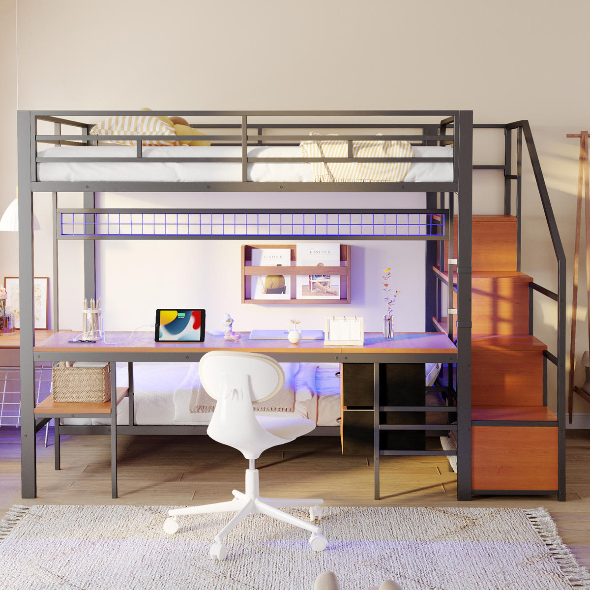 HOCHBETT 140/200 cm schwarz aus Metall und Holz mit Schreibtisch LED und Steckdosen - Schwarz, Metall (140/200cm) - OKWISH