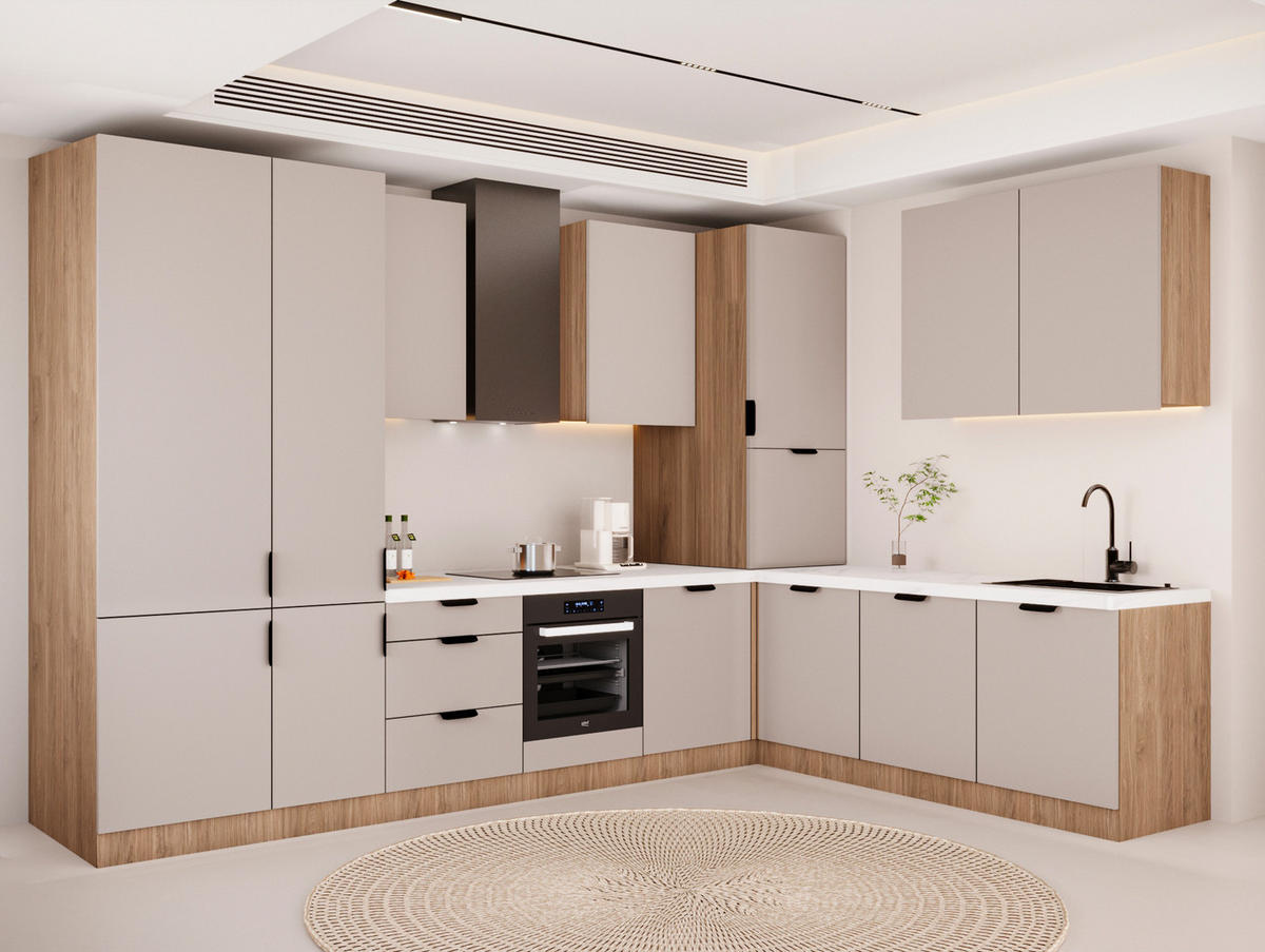 WINKELKÜCHE 340cm x 240cm - Sorento KS4-M340 - in Beige / Sonoma Eiche - Beige/Schwarz, Holz (580/247/58cm)