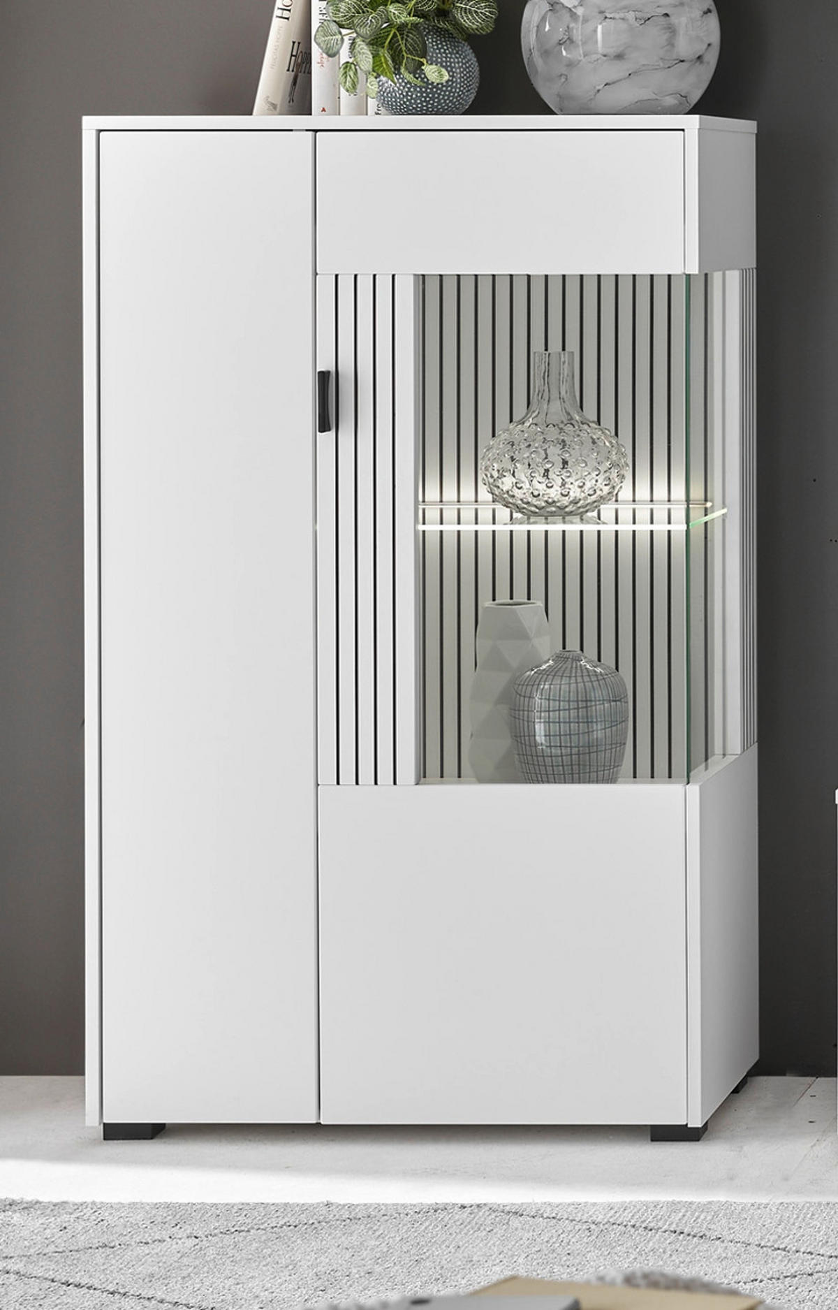 VITRINE weiß matt, Highboard 75 x 125 cm mit Soft-Close - Schwarz/Weiß, Glas/Holzwerkstoff (75/125/38cm) - Furn.Design