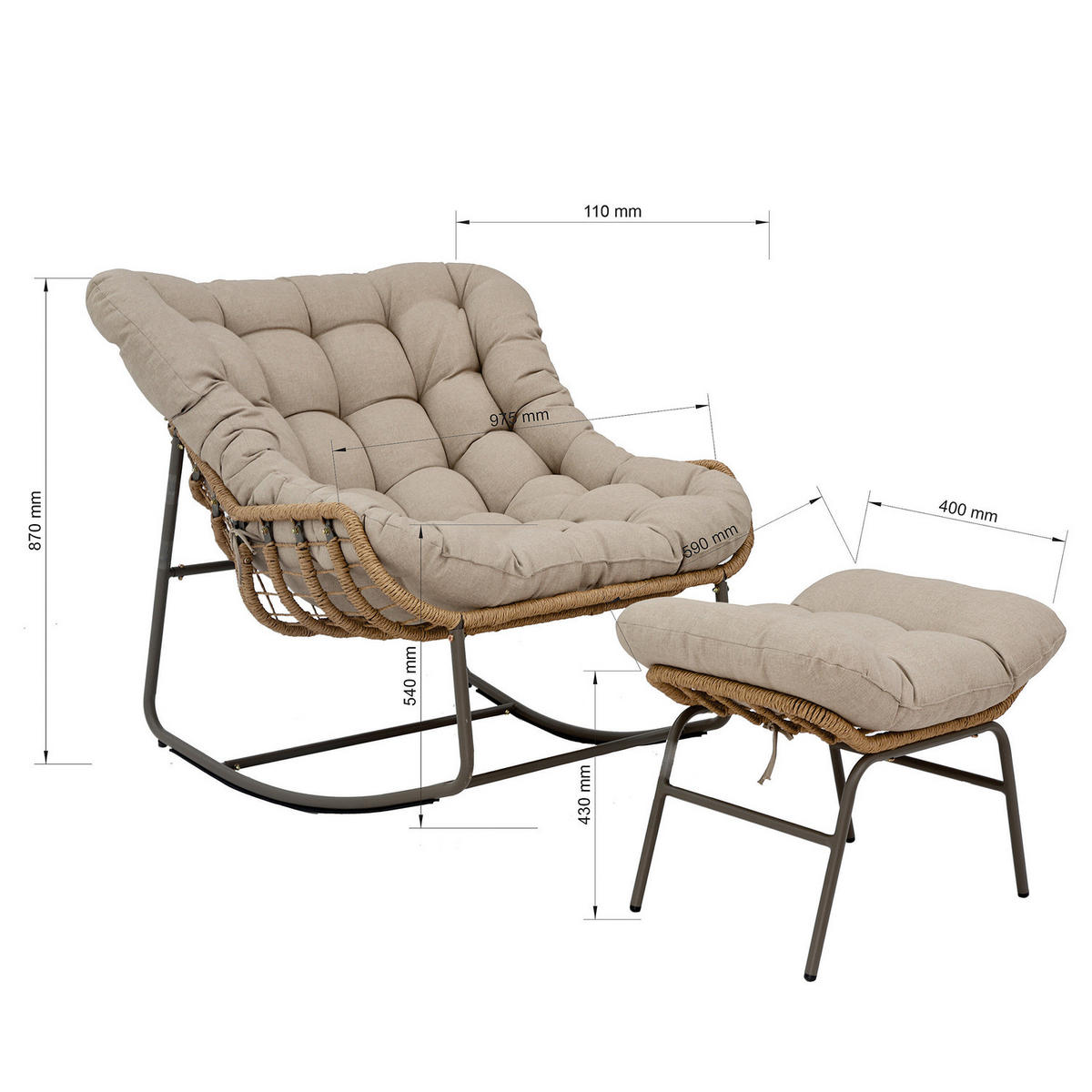 GARTENSESSEL mit Fußhocker - Stahl / Webstoff - Grau / Beige - Beige, Textil/Metall (118/87/110cm) - home24