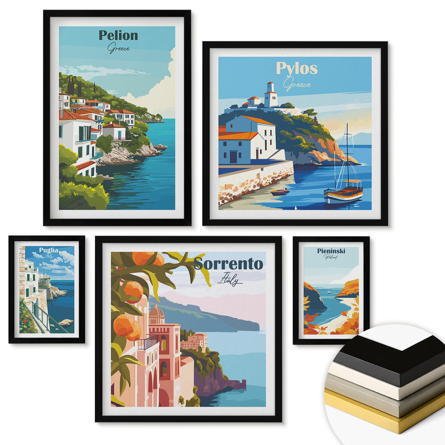 WANDBILDER 5er-Set - 50x50 cm & 20x30 cm & 40x60 cm Schwarzer Rahmen - Farbenfrohe Illustrationen von Retro-Städten - Schwarz, Kunststoff (40/60cm) - ArtPrintCave