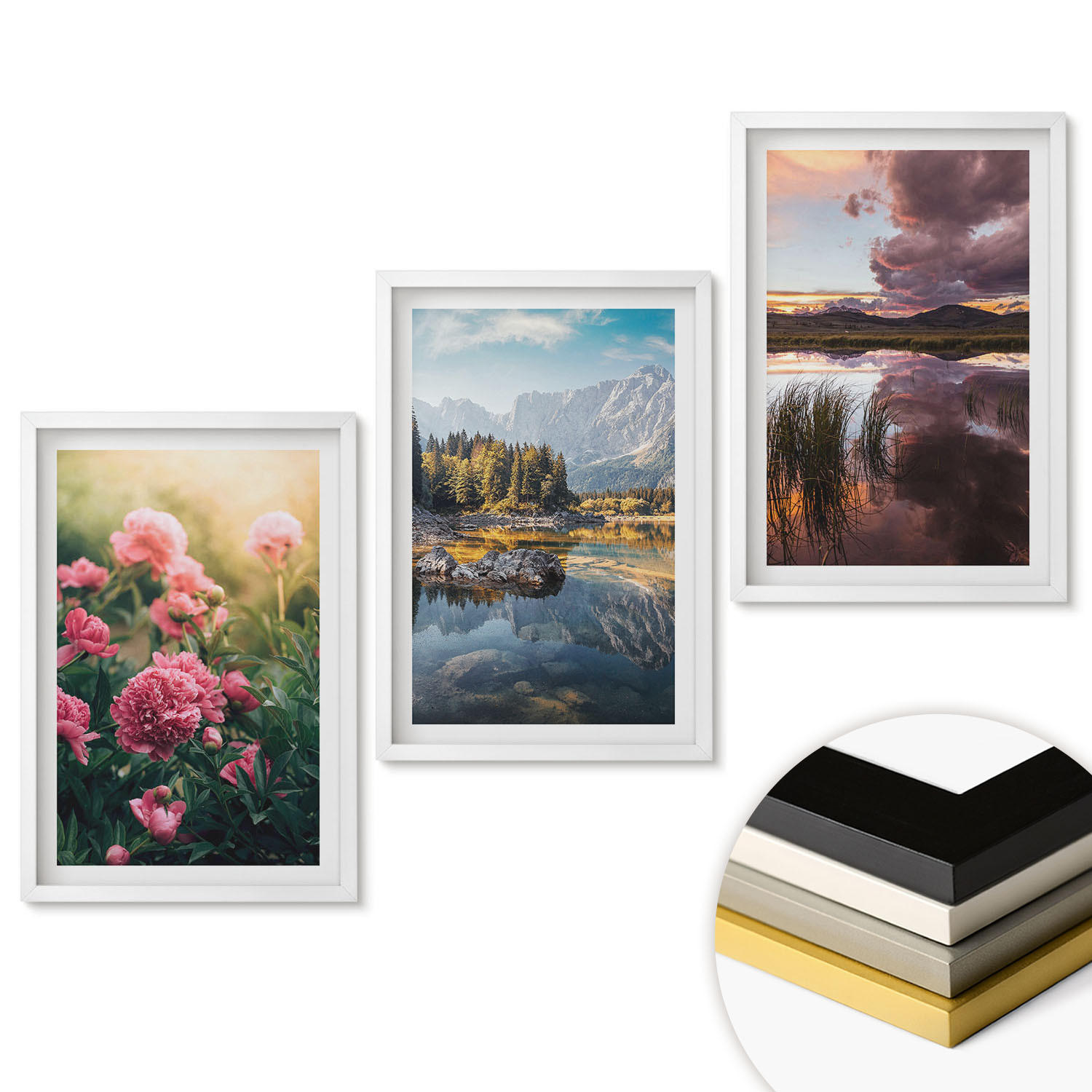 WANDBILDER 3er-Set - 40x60 cm Weißer Rahmen - Blumengarten Berge Wasser - Weiß, Kunststoff (40/60cm) - ArtPrintCave