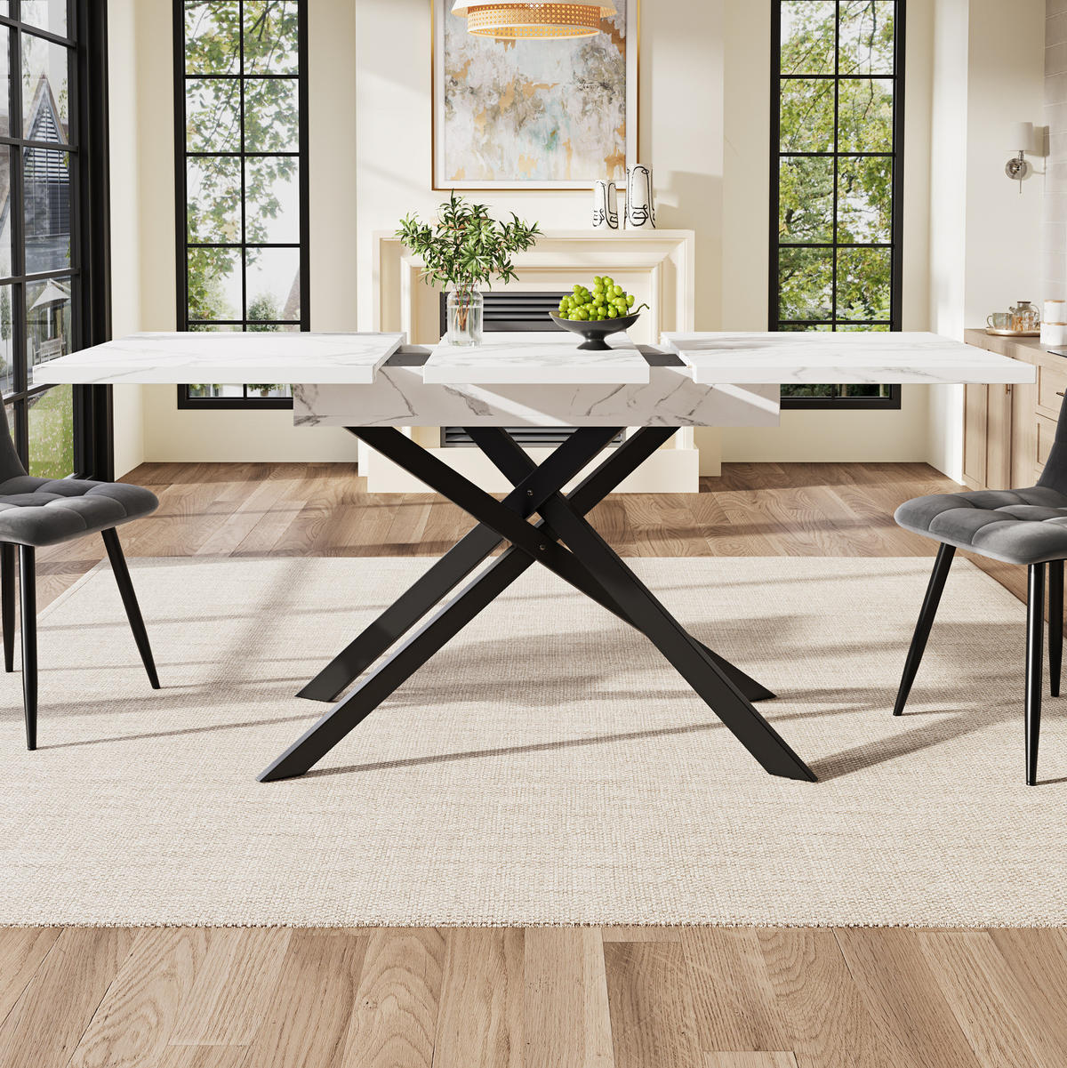 ESSTISCH, MDF in Marmoroptik mit Ausziehfunktion, 120-160/80/76,5 cm, Weiß/Schwarz - Weiß, Holzwerkstoff (120/80/76.5cm) - Redom