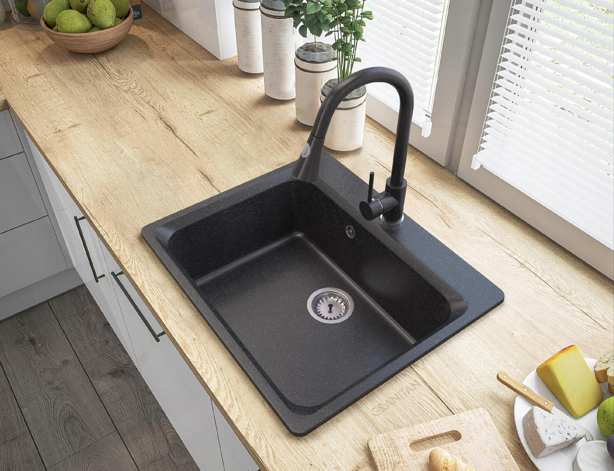 GRANITSPÜLE Zante mit Siphon Batterie - Schwarz, Kunststoff/Stein (62/52/20cm) - Granitan