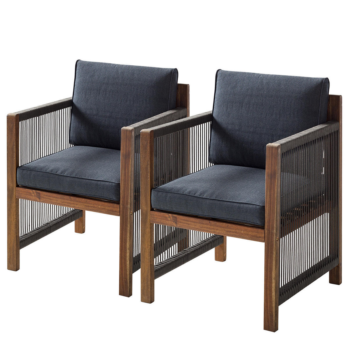 DININGSTUHL MIT ARMLEHNEN - Akazie massiv / Polyester - Braun / Grau - 2er-Set - Braun/Grau, Holz/Textil (62/86/66cm) - home24