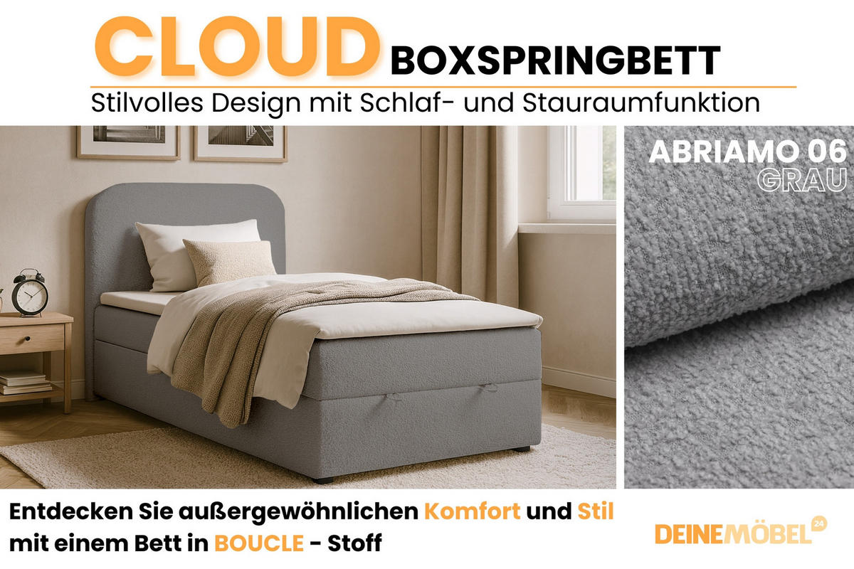 BOXBETT CLOUD 100/200 in Boucle Grau H4 - Grau, Holz/Holzwerkstoff (100/200cm) - Deine Möbel 24