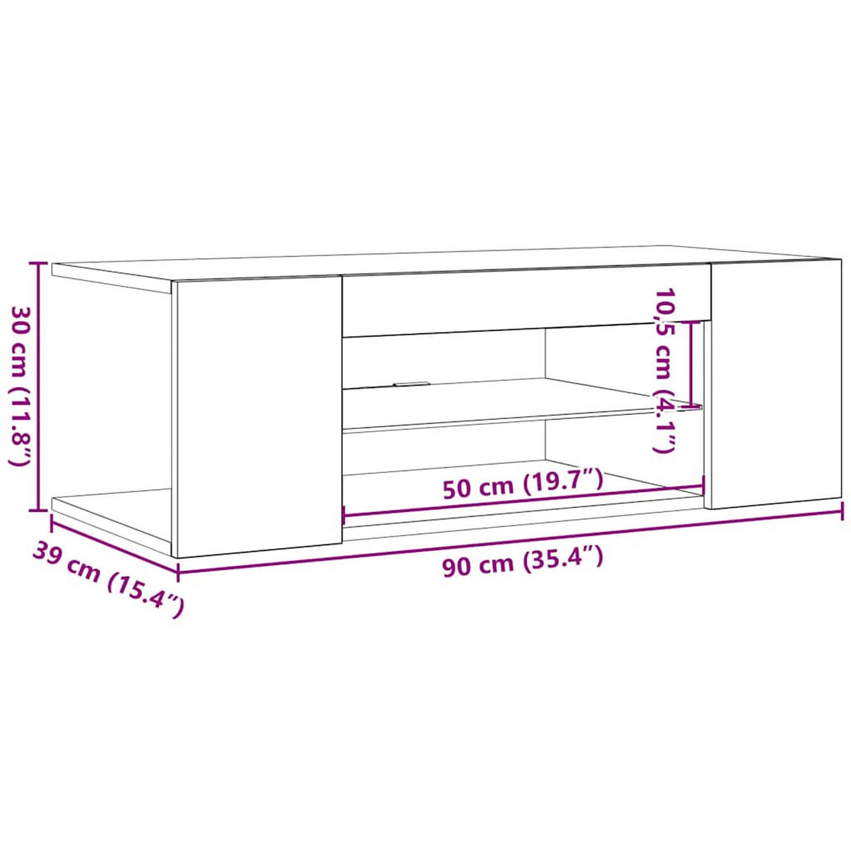 LOWBOARD mit LED und Glasablage, 90/39/30 cm, aus Holzwerkstoff, in Weiß - Weiß, Holz (90/30/39cm) - vidaXL