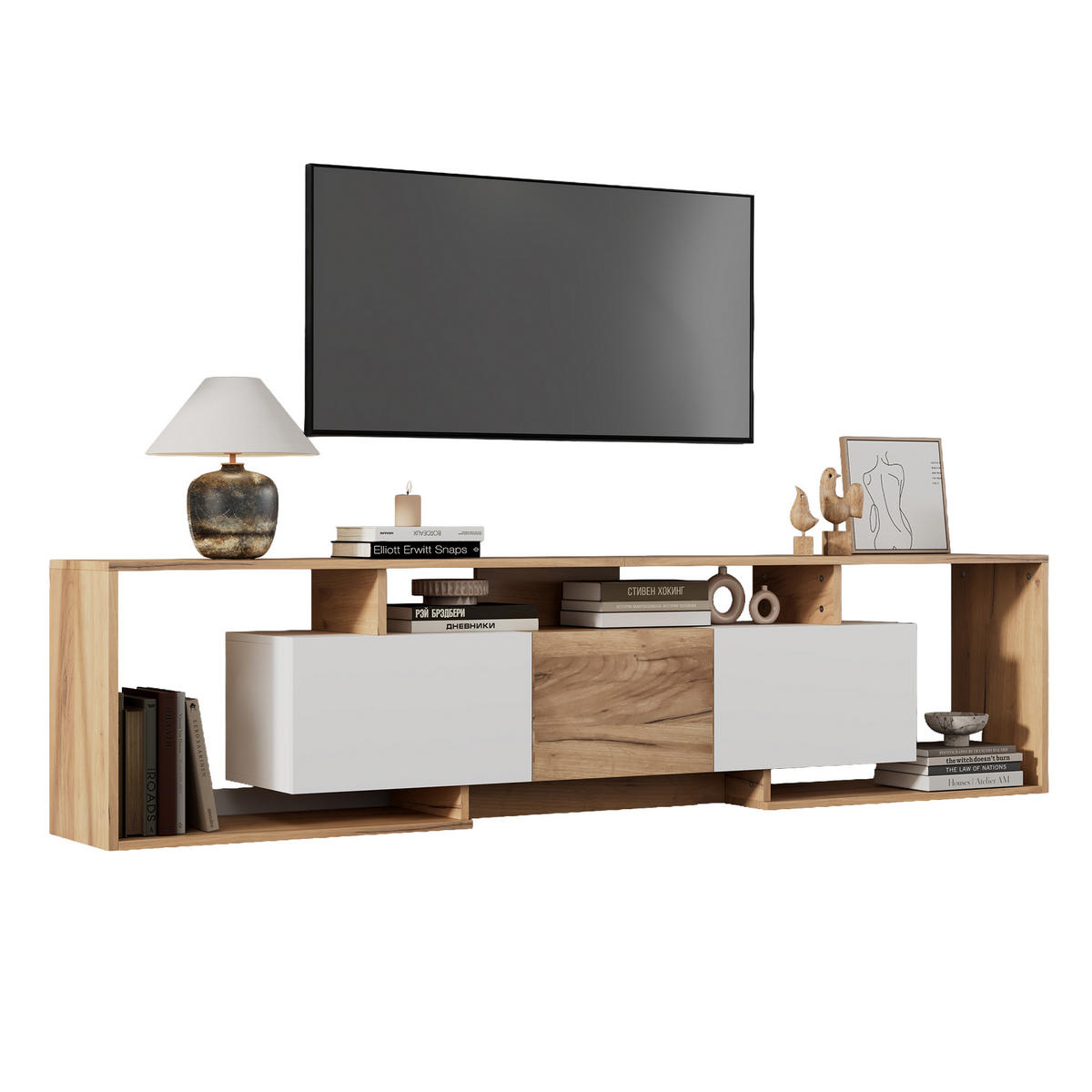 TV-ELEMENTLOWBOARD 180x30x49cm WeißNaturholz für 85ZollTV PushtoOpen - Naturfarben, Holz (39.5/16/99.01cm) - Raelunyi