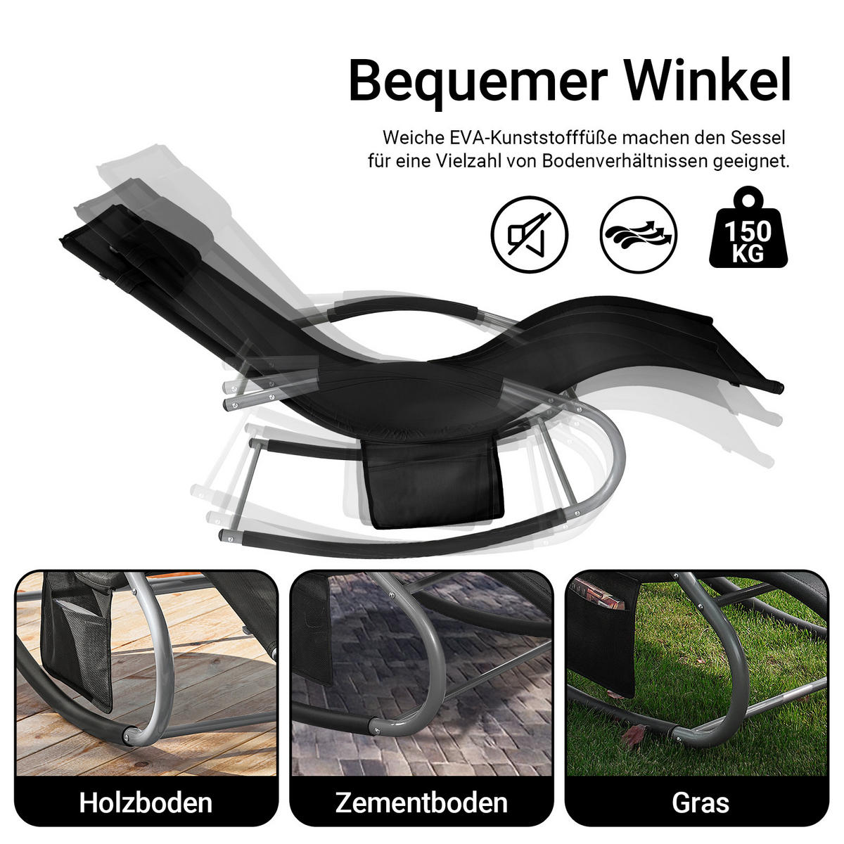 SONNENLIEGE Schwarz - Schwarz, Metall (63/83/150cm) - SoBuy