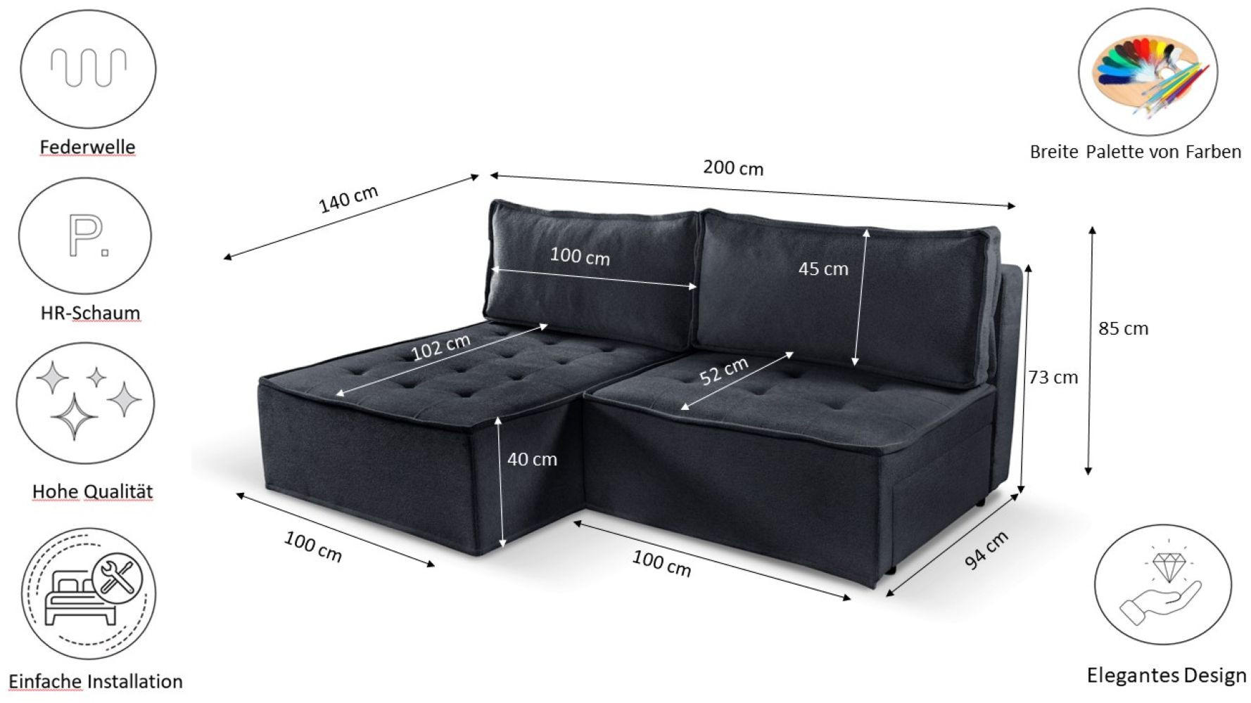 ECKSOFA Bohoo Mini Modernes Mit Schlaffunktion Graphit Rechts - Graphitfarben, Holz (200/140cm) - Kaiser Möbel