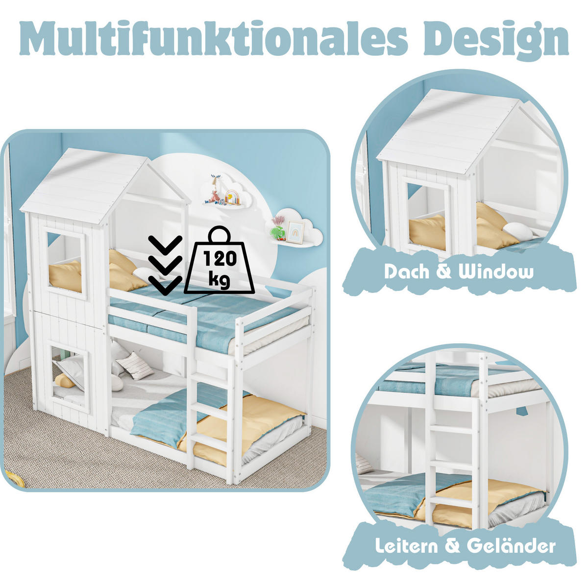 HAUSBETT 90/200 cm Weiß mit Baldachin und Sicherheitsgeländer aus Kiefer - Weiß, Holzwerkstoff (90/200cm) - OKWISH