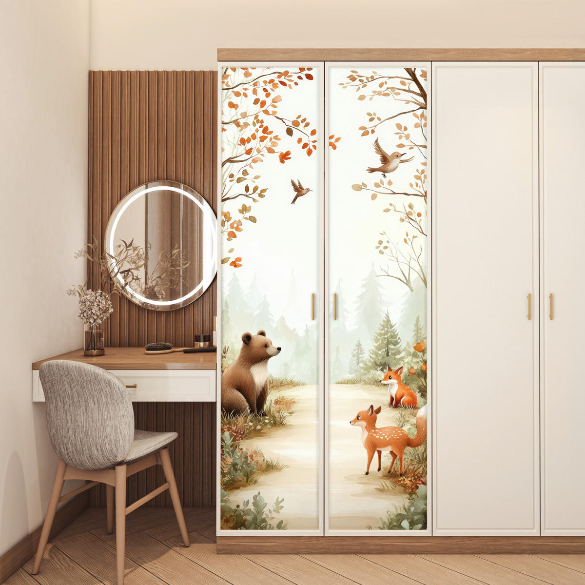 TÜRAUFKLEBER Selbstklebend - Wald - Herbst - Waldtiere - Bär - Fuchs 90x205 cm - Türtapete - Kastanienfarben, Kunststoff (90/0.1cm) - MuchoWow