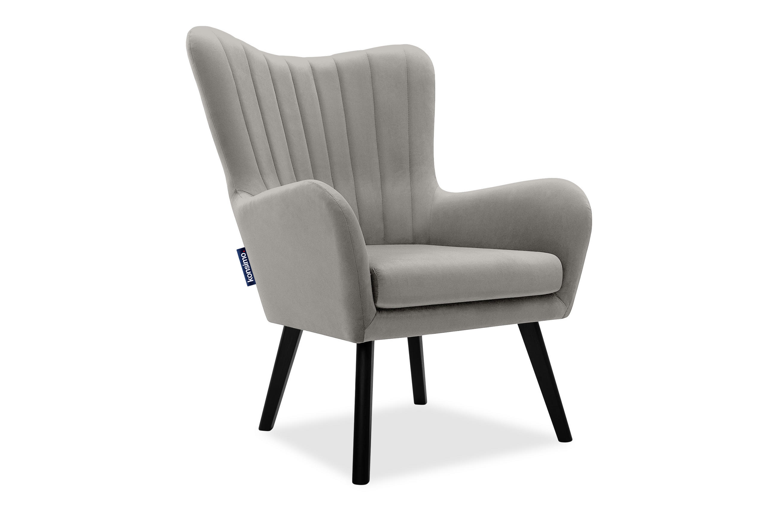 OHRENSESSEL GADI Velourstoff, Hellgrau - Hellgrau/Schwarz, Holz/Textil (76/100/78cm) - KONSIMO®