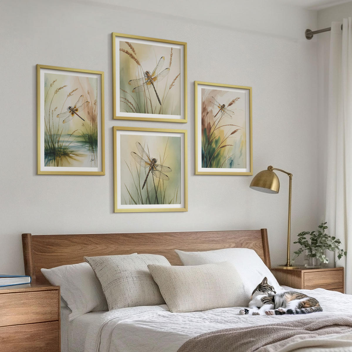 BILDER SET 4er Set - 50x50 cm & 40x60 cm Goldrahmen - Libellen im Gras, Wassermalerei - Goldfarben, Kunststoff (50/50cm) - TULUP
