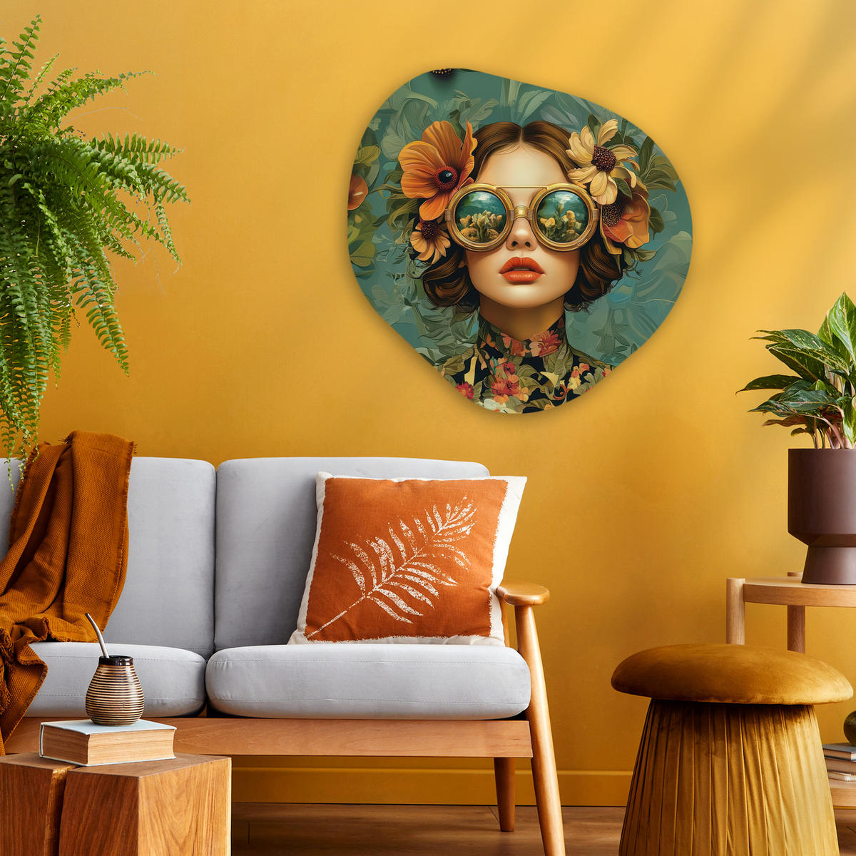 WANDBILD Frau - Blumen - Schmetterlinge - Natur - Vintage 60x60 cm - Petrol, Kunststoff (60/60cm) - MuchoWow