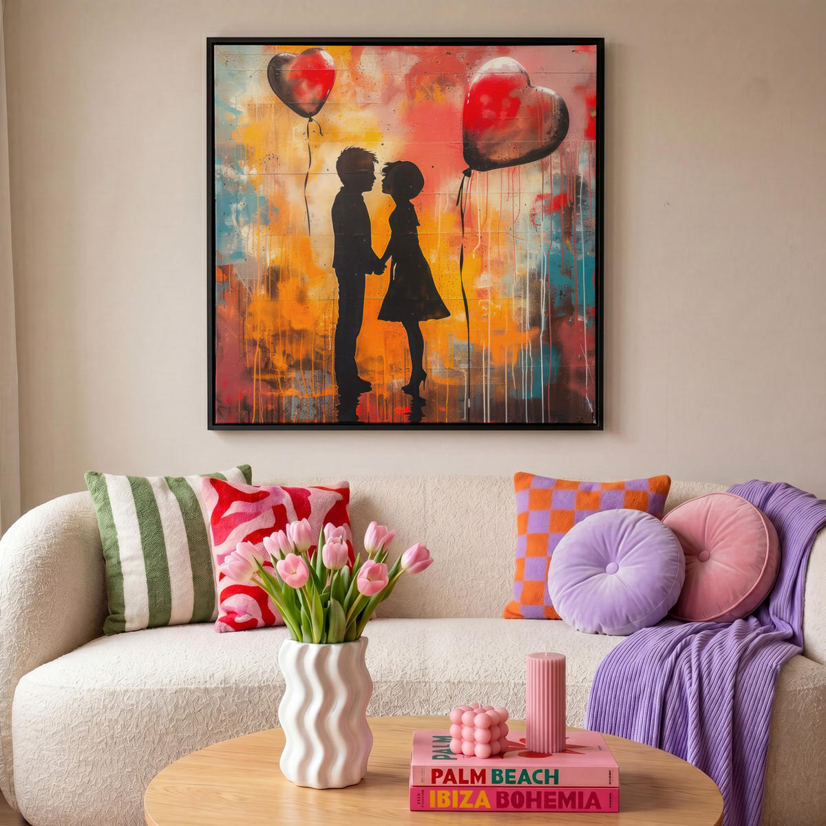 LEINWAND Bilder mit Rahmen - Straßenkunst - Liebe - Graffiti - Kunst - Banksy - 90x90 - Orange, Textil (90/90cm) - MuchoWow