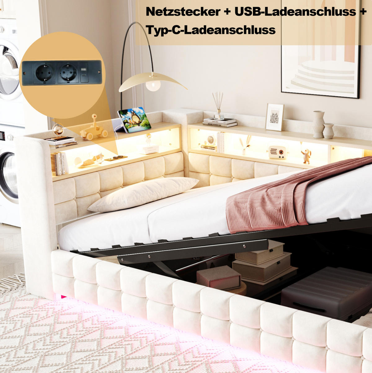 POLSTERBETT 90/200 cm Beige mit Stauraum mit LED-Beleuchtung und USB- und Type-C-Anschlüssen - Beige, Textil (90/200cm) - OKWISH