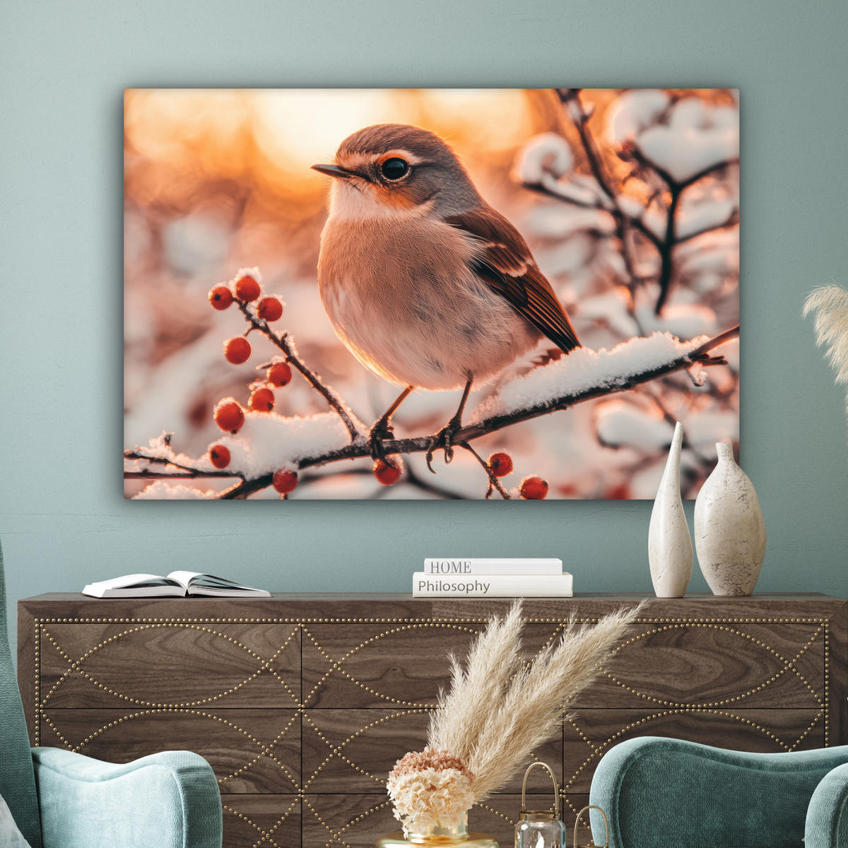 LEINWANDBILD Vogel - Zweig - Winter - Tiere - Schnee Wohnzimmer 120x80 cm - Bernsteinfarben, Textil (120/80cm) - MuchoWow