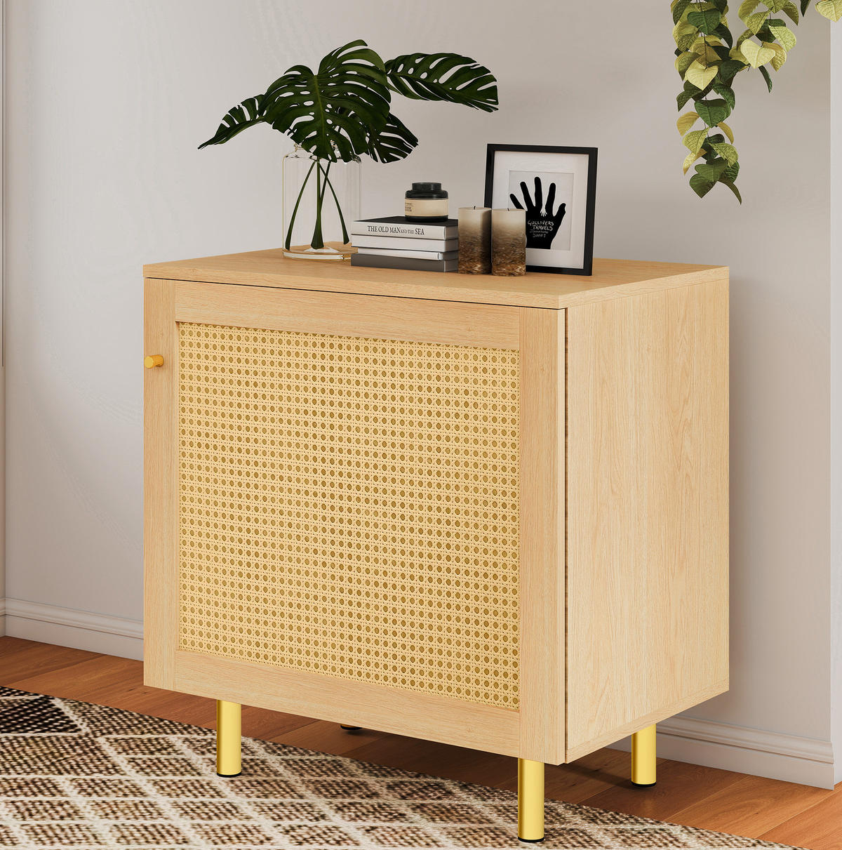 SIDEBOARD 60/40/63 cm in Natur mit Rattantür und goldfarbenen Metallbeinen - Naturfarben, Holzwerkstoff (60/63/40cm) - Flora Grace