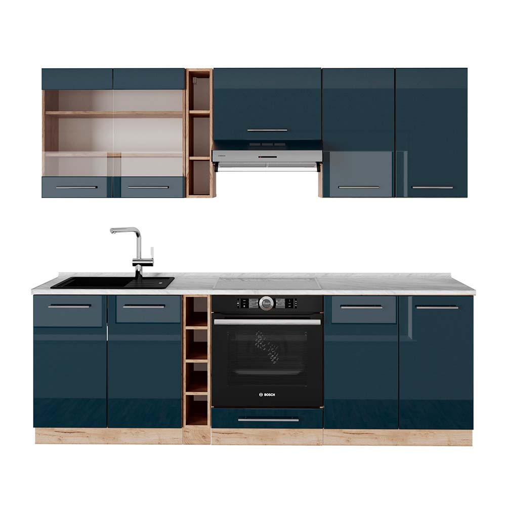 KÜCHENZEILE Fame-Line Dunkelblau Hochglanz/Goldkraft Eiche 235 cm AP Marmor - Eiche Wotan/Dunkelblau, Holzwerkstoff (235/81.6/60cm) - Vicco