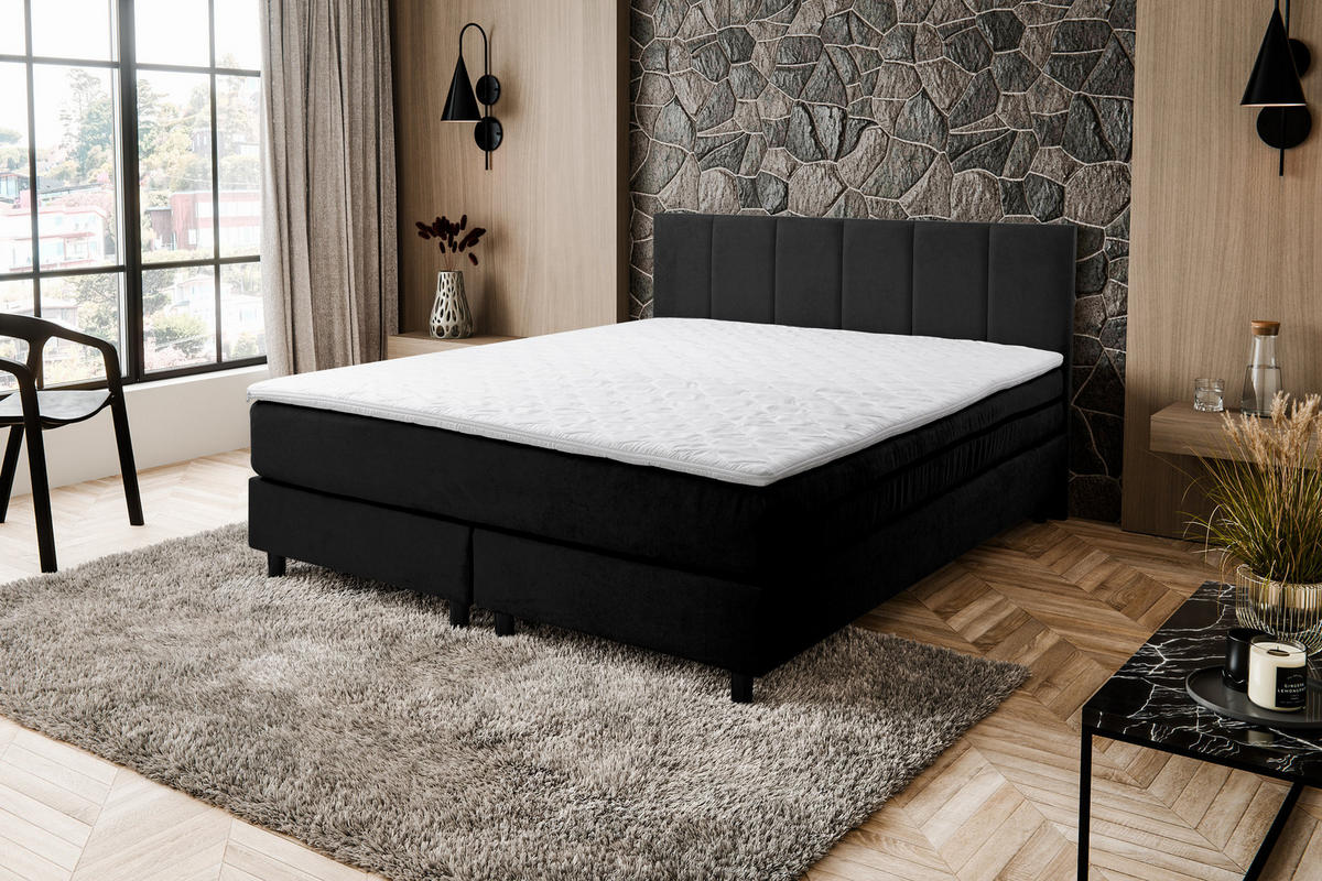 BOXSPRINGBETT Paris, Polsterbett Maße: 160x200 cm, Farbe: Schwarz, Velourstoff, Doppelbett mit Bonell-Matratze H3 inkl. Topper - Schwarz, Holz/Kunststoff (160/200cm) - VENASI MÖBEL