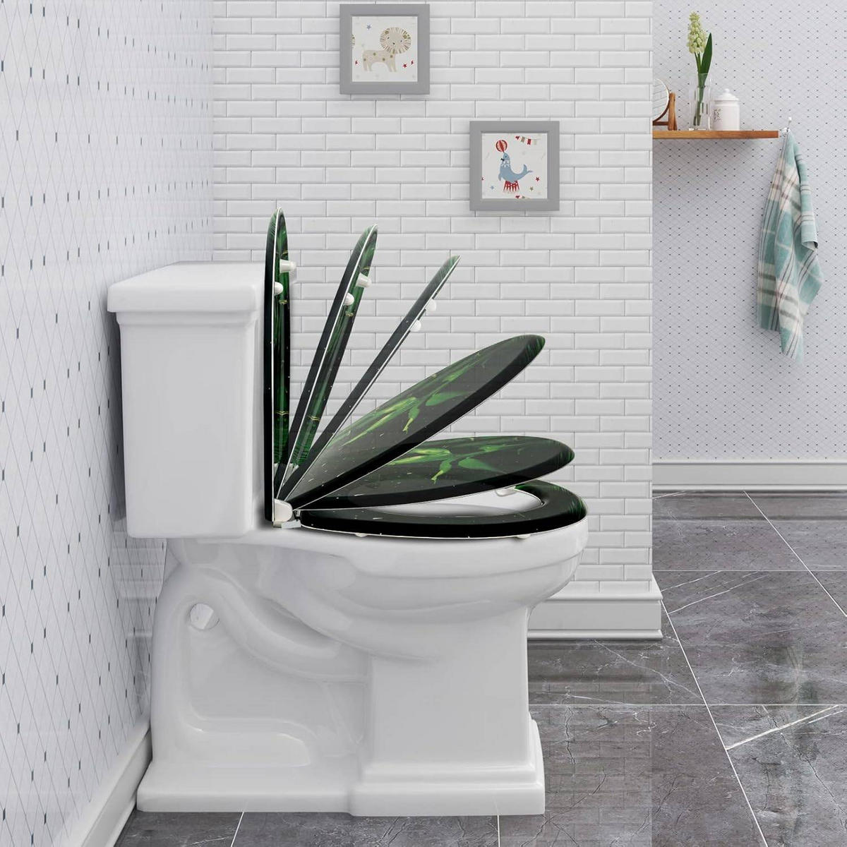 WC SITZ mit Absenkautomatik, Antibakteriell Oval - Schwarz/Grün, Kunststoff (37/3/45cm) - Woltu