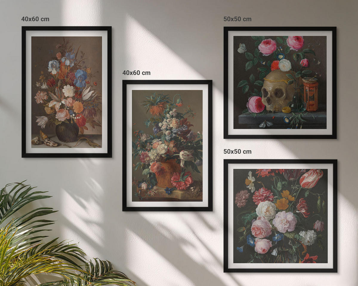 BILDER SET 4er Set - 50x50 cm & 40x60 cm Schwarzer Rahmen - Blumenarrangements in Vasen - Schwarz, Kunststoff (50/50cm) - TULUP