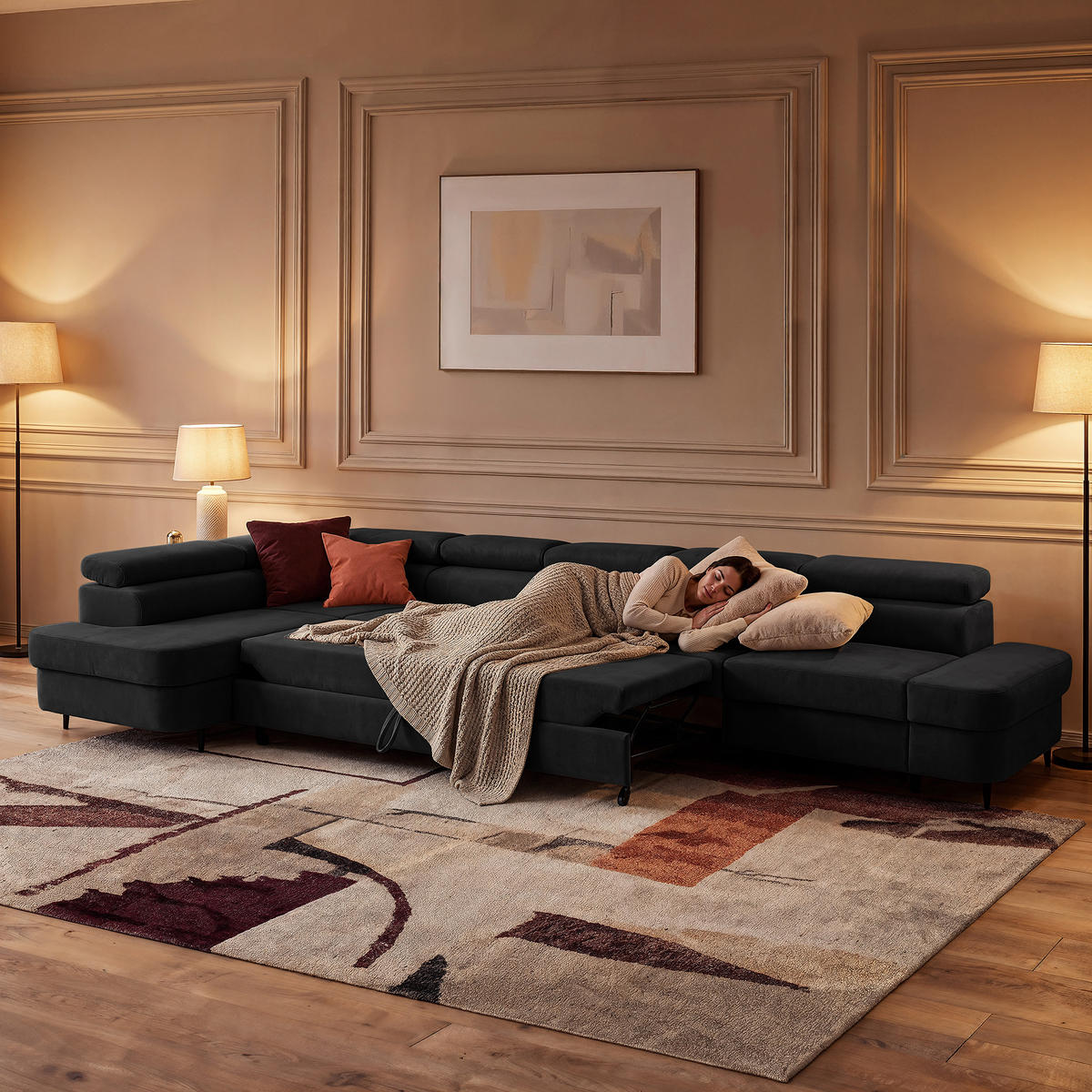 ECKSOFA PRIAM XXL L-Form Links mit Schlaffunktion 125x265 Velours Schwarz - Schwarz, Holz/Textil (203/420cm) - Muffo