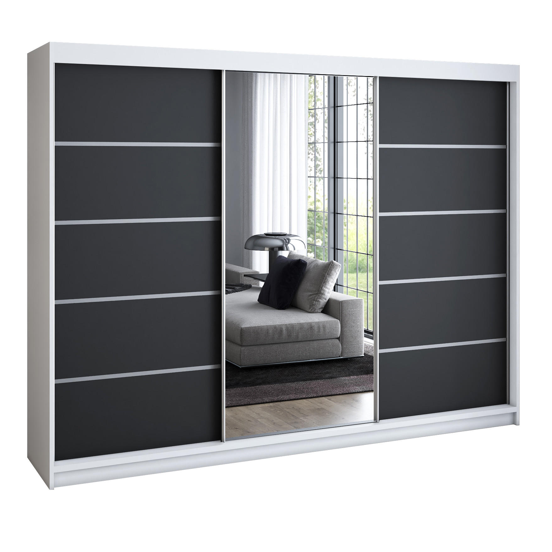 A&J MöbelLand Schwebetürenschrank Weiß, Schwarz 200x215x59.5 cm
