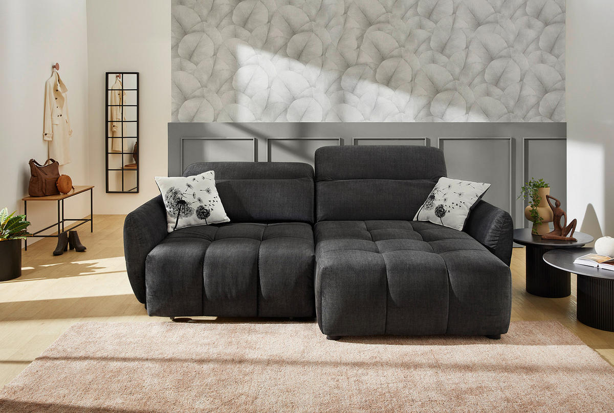 ECKSOFA mit elektrische Sitztiefenverstellung, Kopflehnen verstellbar, USB-C und -A Ladefunktion B260/T191/H106 cm, Velours Anthrazit Schwarz / 15406 - Anthrazit/Multicolor, Kunststoff/Textil (260/191cm) - luma-home