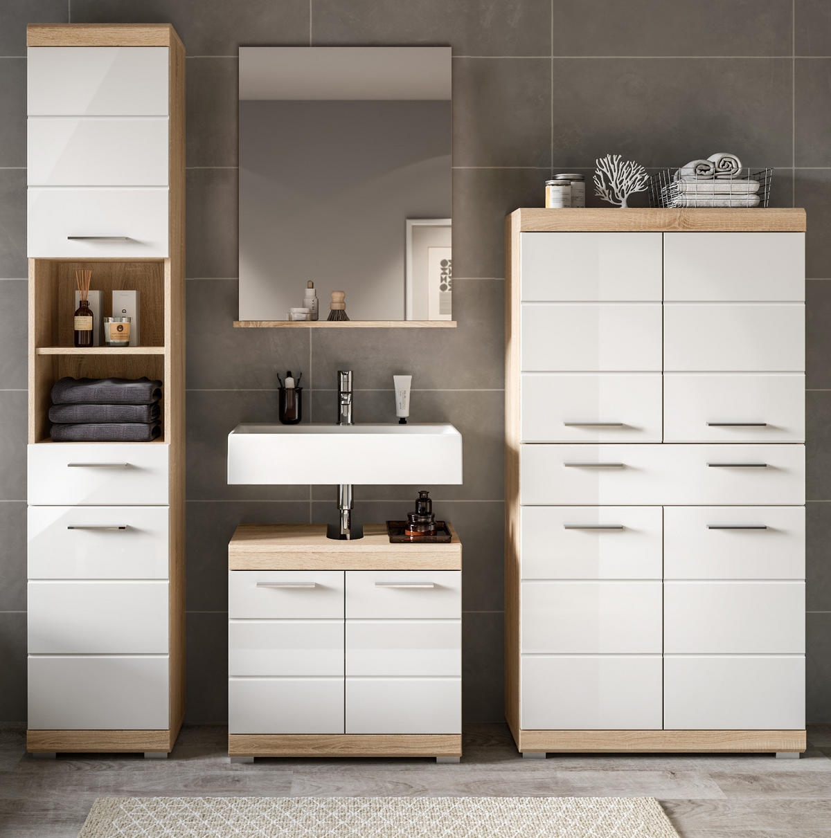 BADMÖBEL-SET weiß Hochglanz, Eiche 4-teilig 186 cm, viel Stauraum - Weiß Hochglanz/Eichefarben, Holzwerkstoff (186/191/34cm) - Inn.Furn