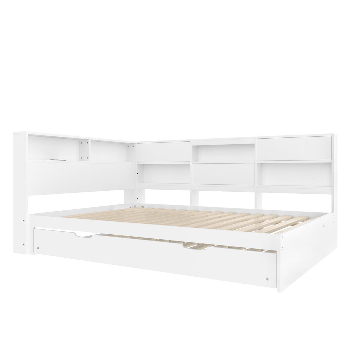 TAGESBETT 140/200 cm mit Ausziehbett, Stauraum-Kopfteil und USB-/USB-C-Anschluss, Weiß - Weiß, Holzwerkstoff (140/200cm) - Redom