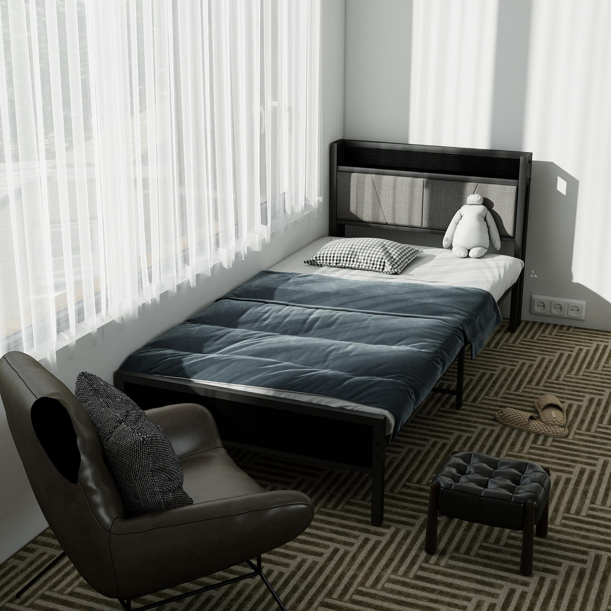 METALLBETT 90x200 cm Schwarz mit Steckdosen und USB-Ladeanschlüssen mit Stauraum-Kopfteil - Schwarz, Metall (90/200cm) - Modfu