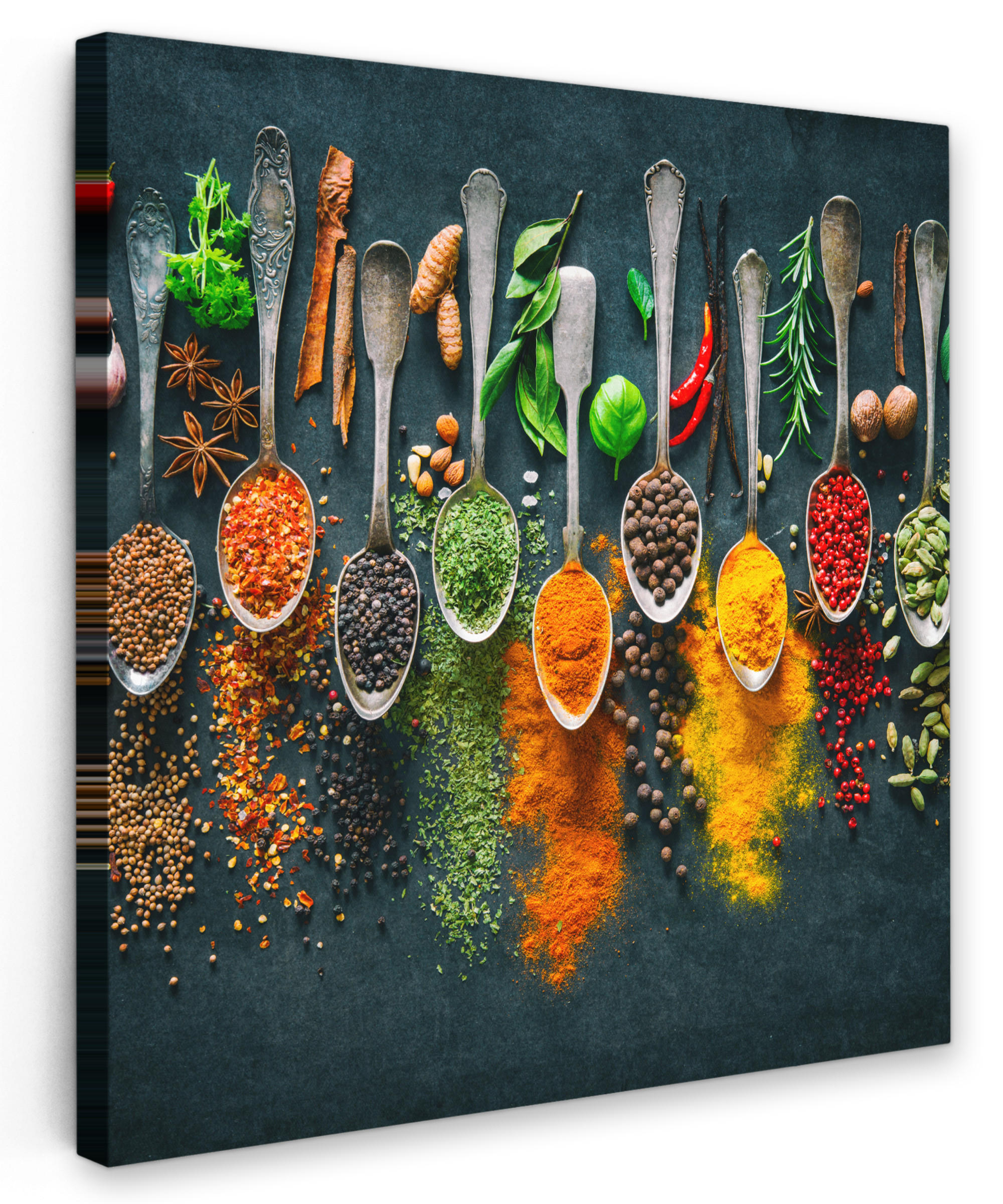 LEINWANDBILD Kräuter - Gewürze - Löffel 90x90 cm - Currygelb, Textil (90/90cm) - MuchoWow