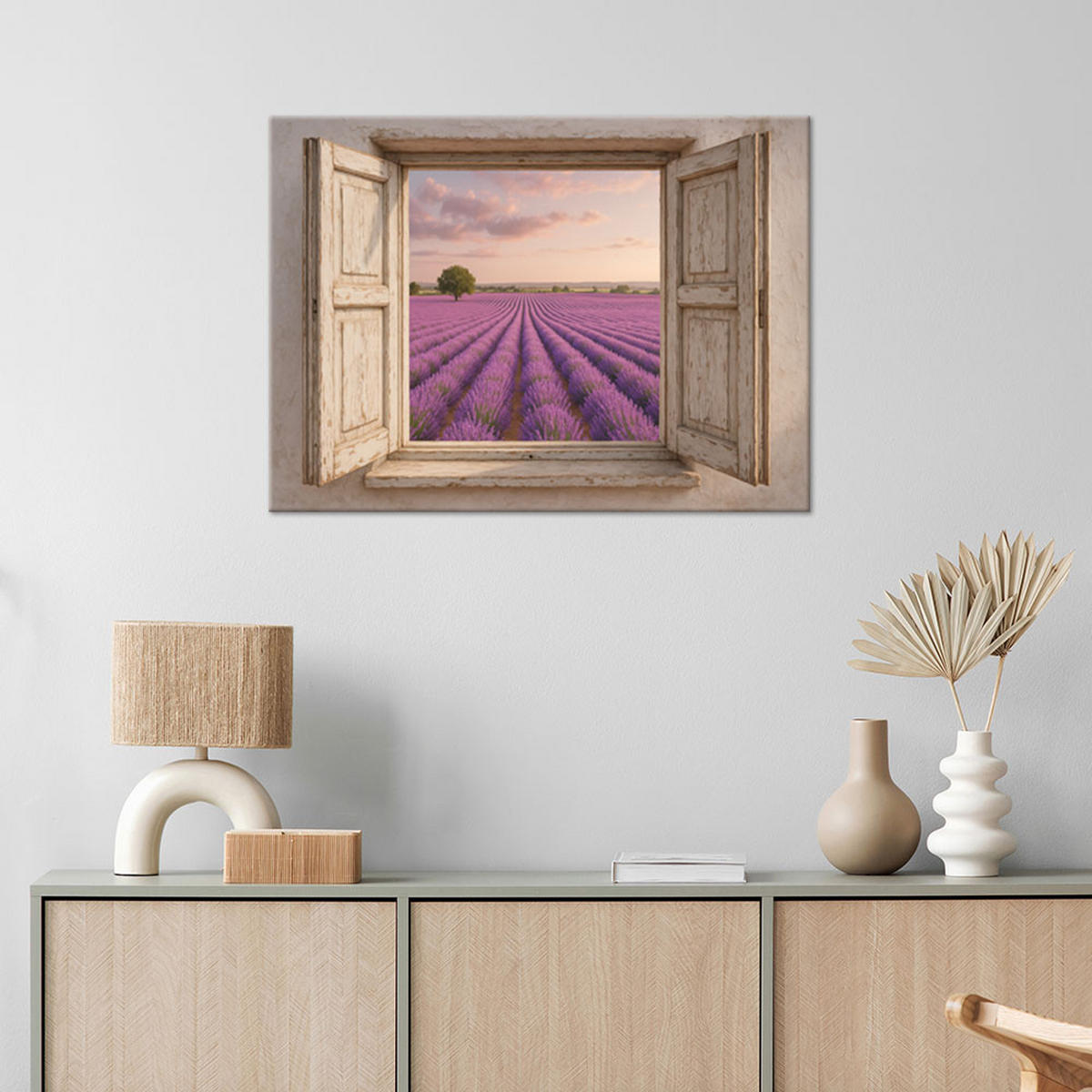 LEINWANDBILD Blick aus dem Fenster Lavendelfeld Shabby Chic 120x80cm - Beige, Textil (120/80cm) - Feeby