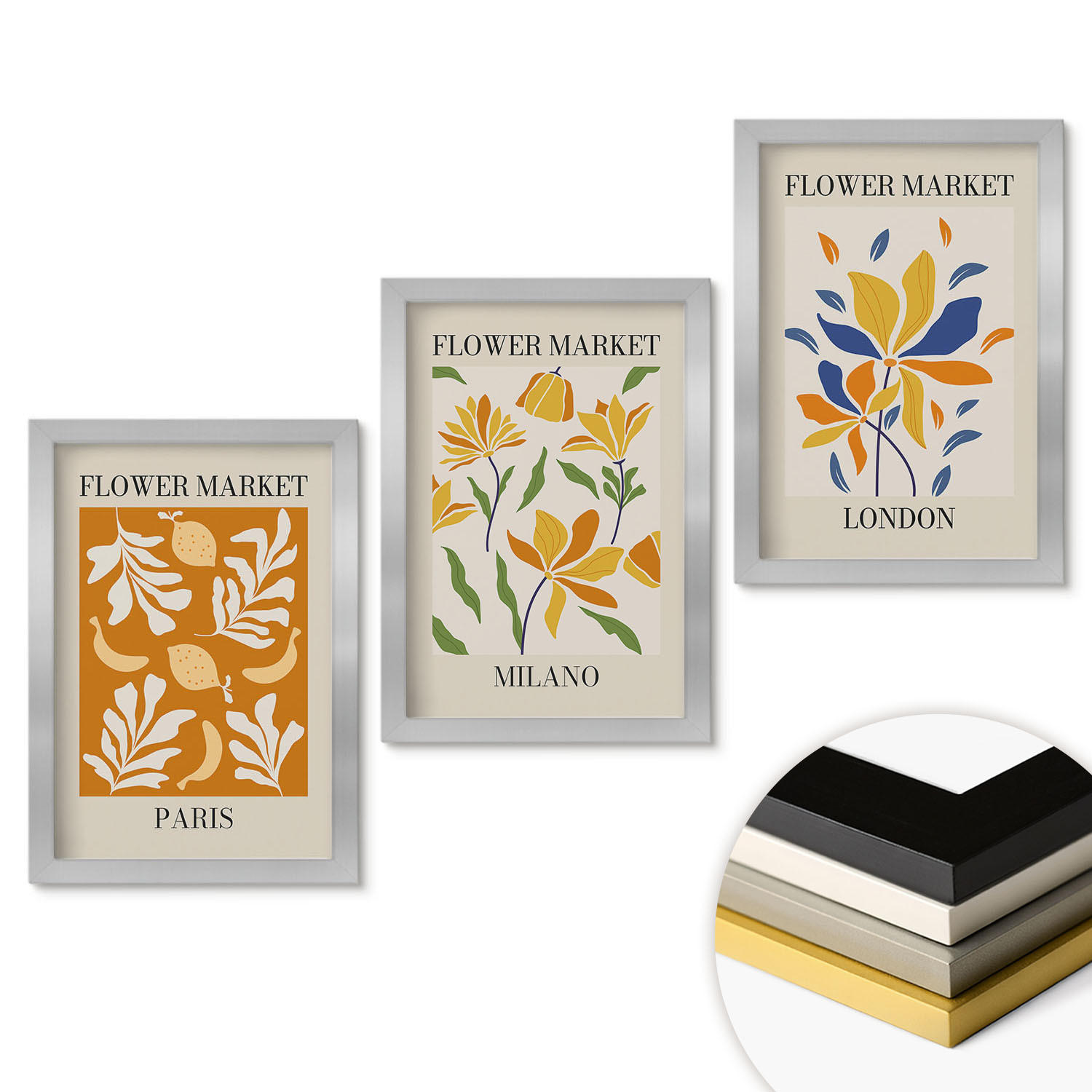 WANDBILDER 3er Set - 20x30 cm Silberner Rahmen - Blumenposter Paris Mailand London - Silberfarben, Kunststoff (20/30cm) - ArtPrintCave