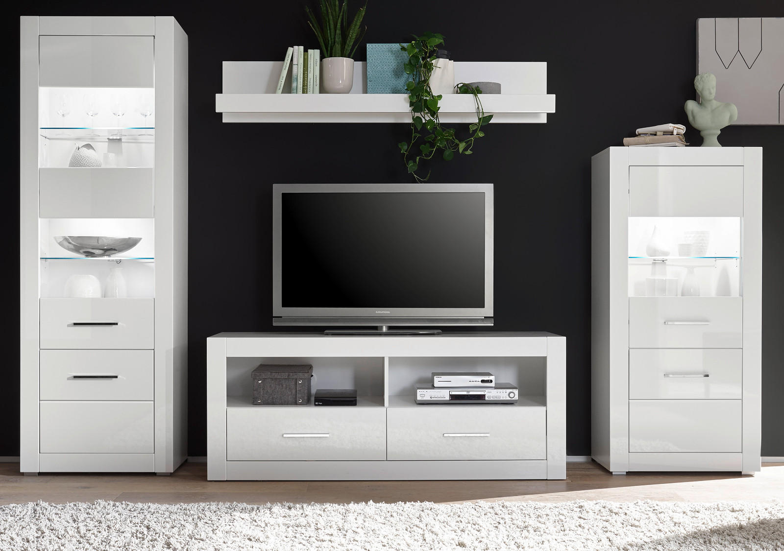 WOHNWAND weiß Hochglanz, Wohnkombination 4-teilig 300 x 198 cm - Chromfarben/Weiß Hochglanz, Glas/Holzwerkstoff (300/198/45cm) - Furn.Design