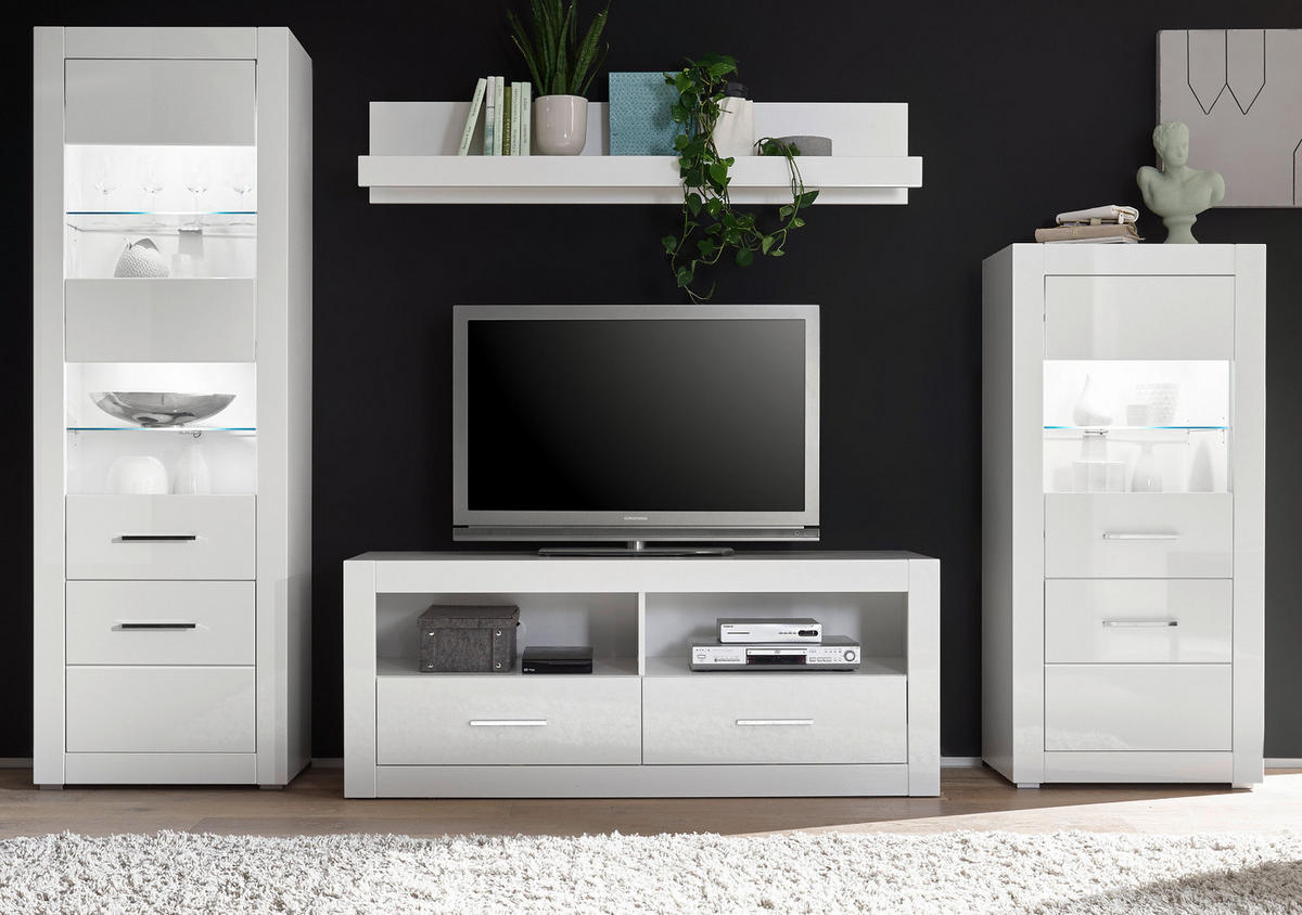 WOHNWAND weiß Hochglanz, Wohnkombination 4-teilig 300 x 198 cm - Chromfarben/Weiß Hochglanz, Glas/Holzwerkstoff (300/198/45cm) - Furn.Design
